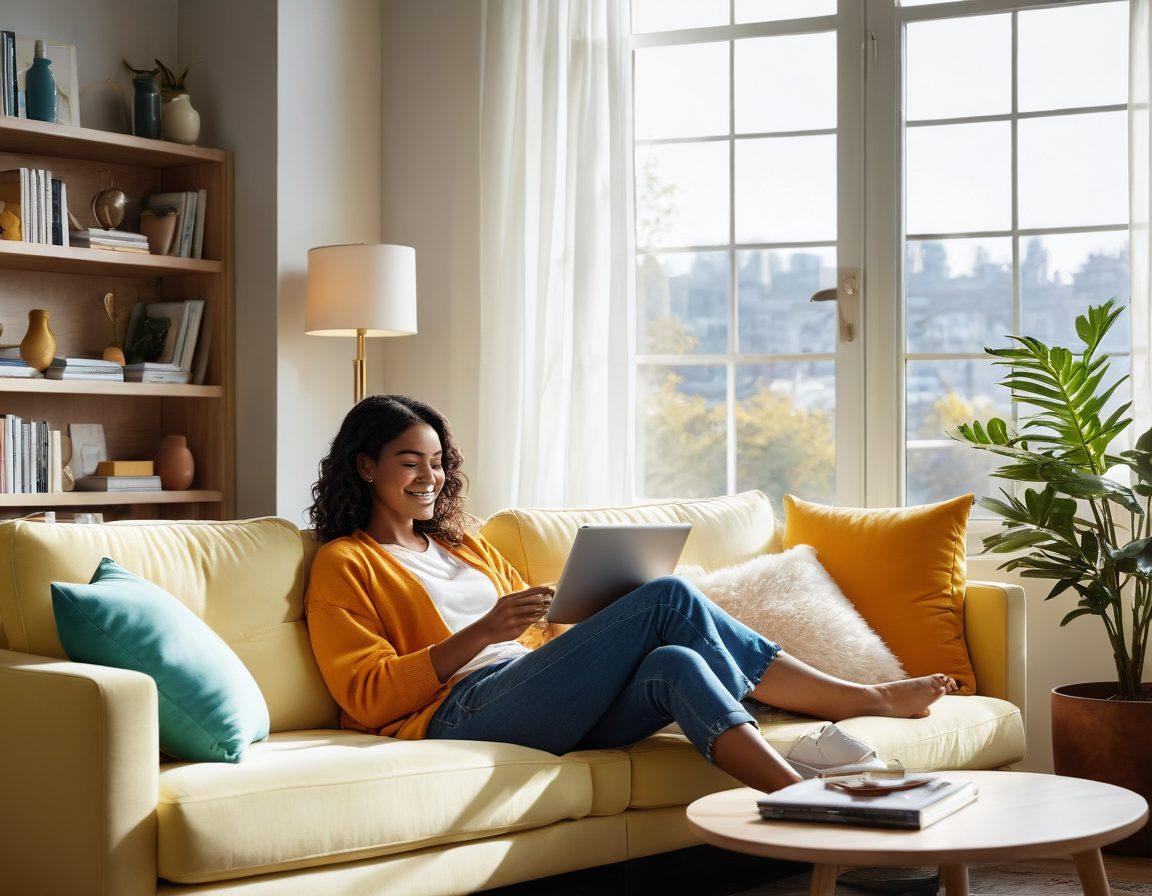 A cheerful person using a tablet in a cozy living room, surrounded by helpful gadgets like a smart speaker and visually appealing organization tools. The scene features bright colors and a warm ambiance, embodying ease and comfort. Include subtle hints of technology and organization enhancing daily life. super-realistic. vibrant colors. cozy interior.
