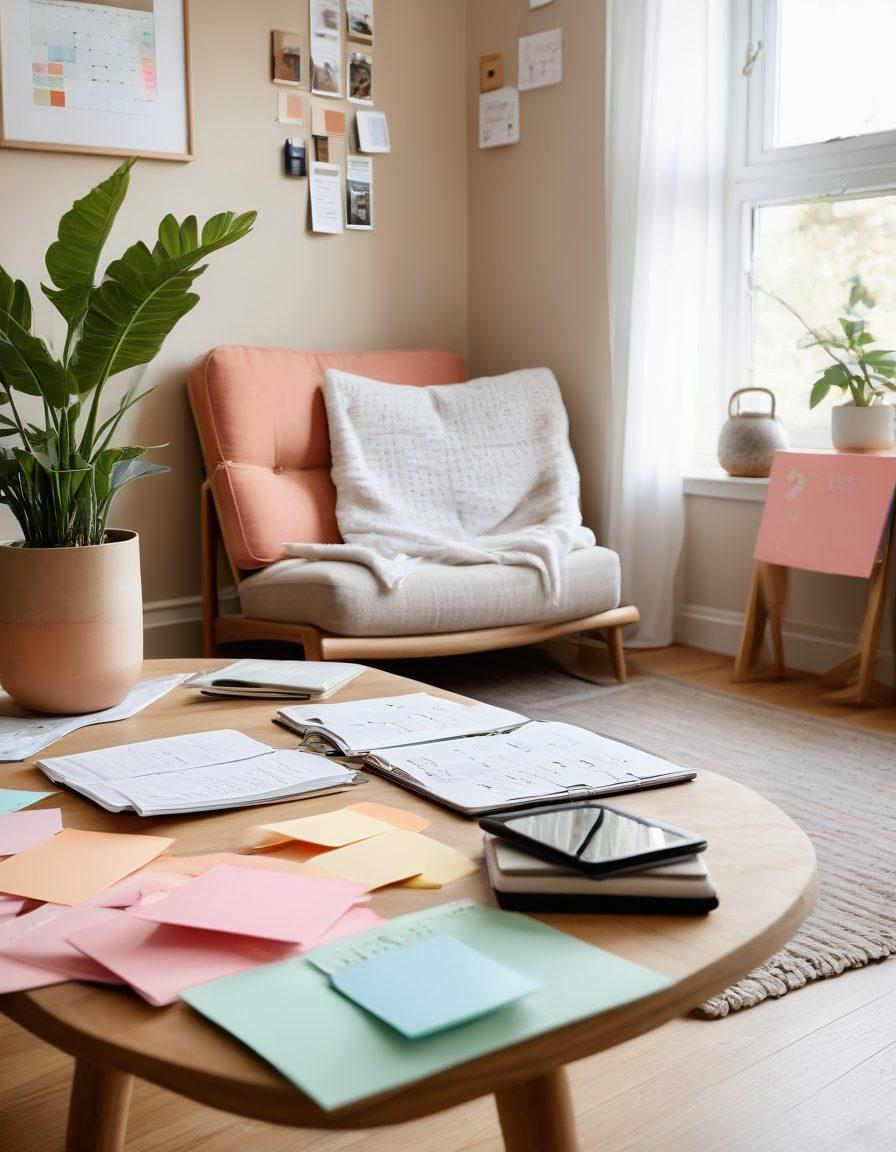 A serene scene of a cozy living space with a person using a tablet to organize daily tasks. Include elements like a calendar, a cup of tea, and colorful sticky notes for enthusiasm. Soft natural light filtering through a window, conveying warmth and simplicity. Include visuals like family photos on a corkboard and a friendly pet nearby, symbolizing support and comfort. soft illustration. warm pastel colors.