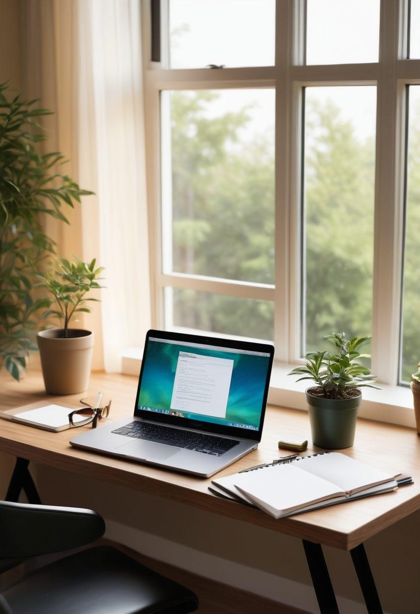 An inviting workspace featuring a neatly organized desk with a laptop, a cup of coffee, and a notepad filled with simple tips and ideas. Include a plant for a touch of nature, and soft light streaming through a window to convey a sense of tranquility and efficiency. Infuse the scene with warm, vibrant colors to enhance the mood of support and convenience. super-realistic. vibrant colors. soft lighting.